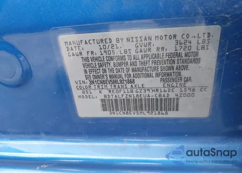 2021 Nissan Versa Sv Xtronic Cvt from USA, damaged, VIN 3N1CN8EV5ML921868